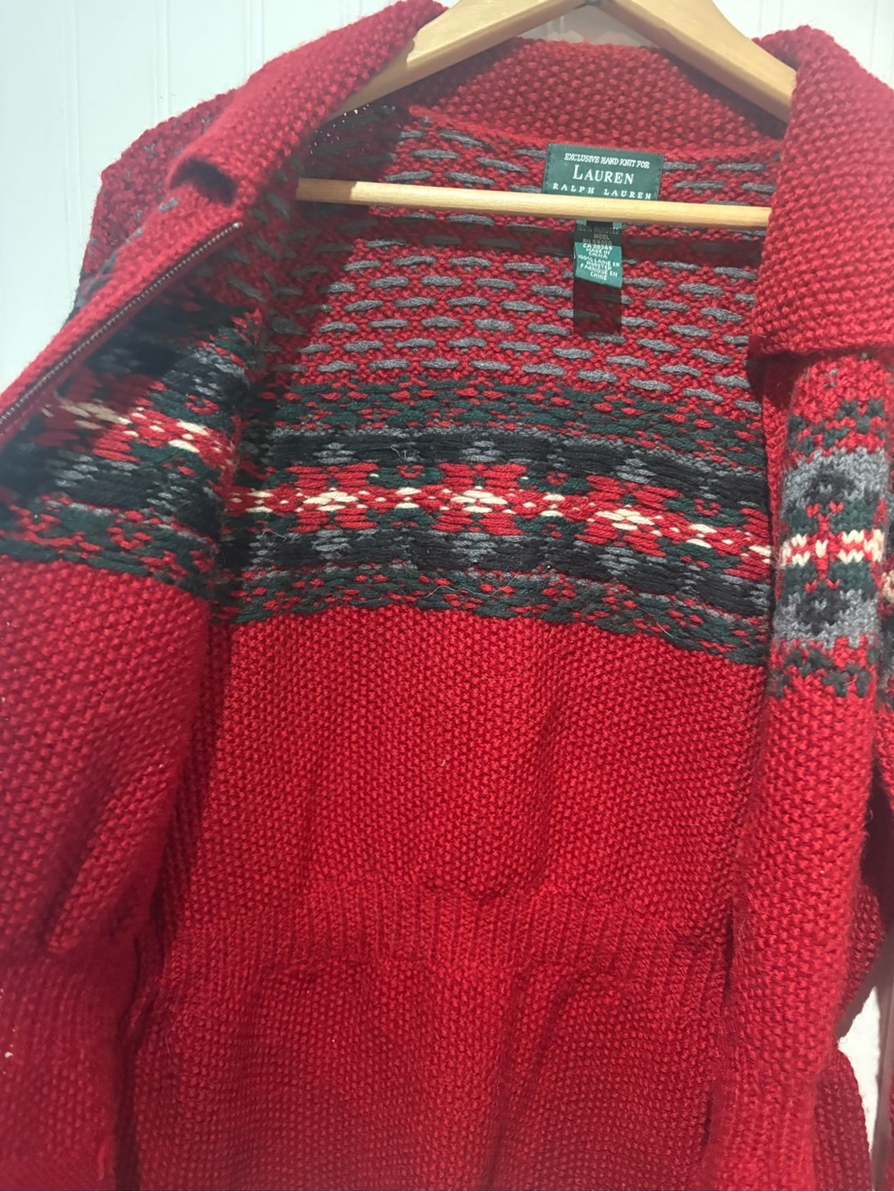Lauren Ralph Lauren Red Fair Isle Zip-Up Hand Knit Cardigan - Picture 8 of 11